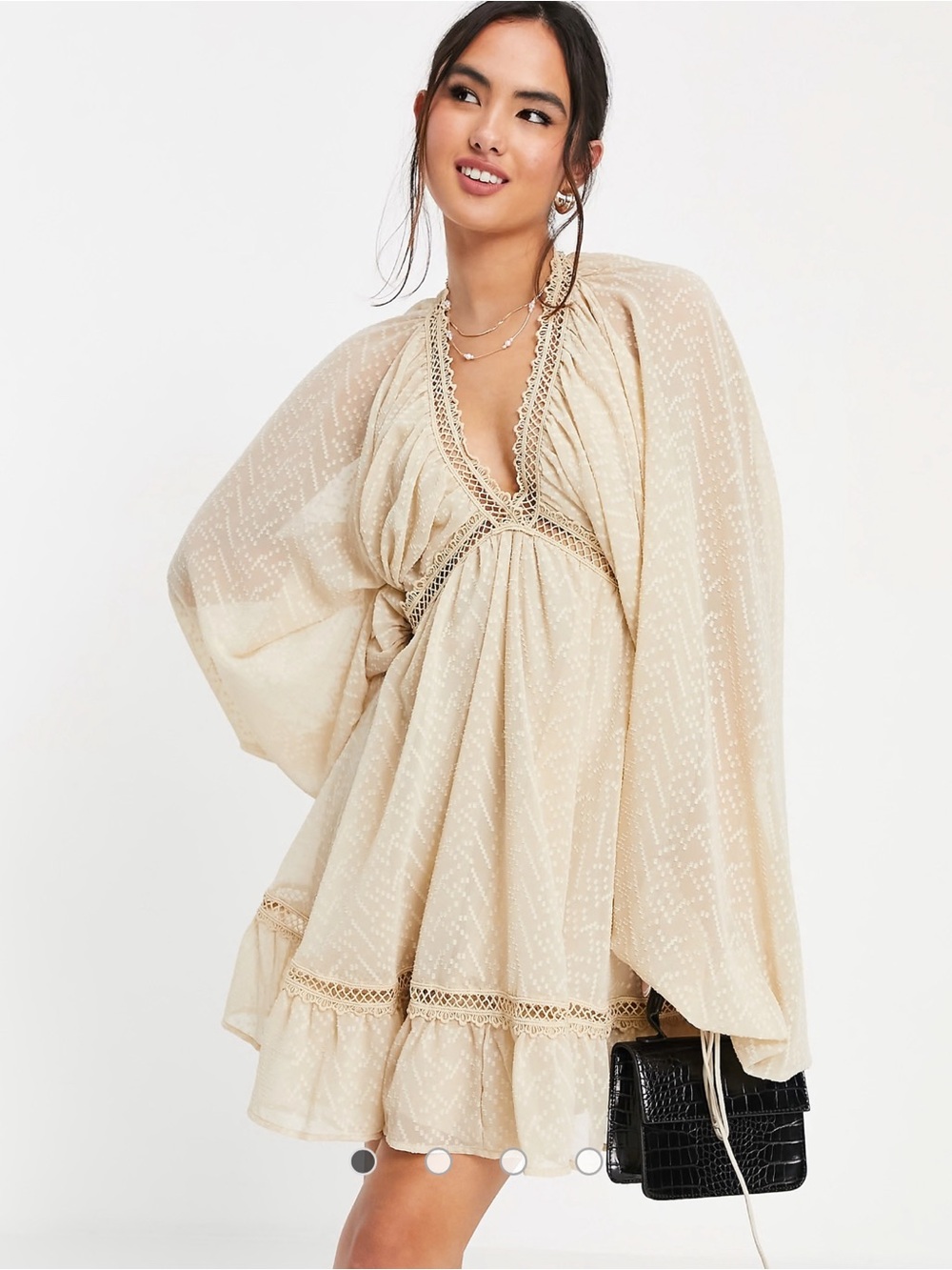 Boho Cream Lace-Trim Mini Dress